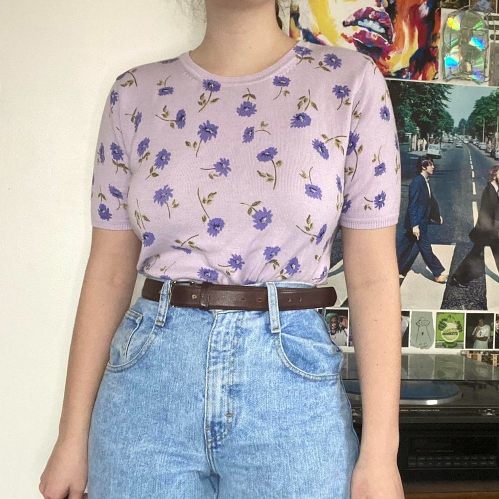 Laura Scott Purple Mid Sleeve Floral Vintage Shirt